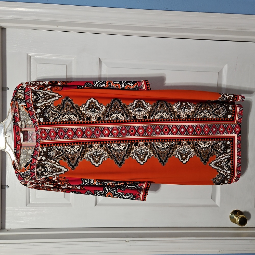 ECI New York orange/red  print shift dress 3/4 sleeves